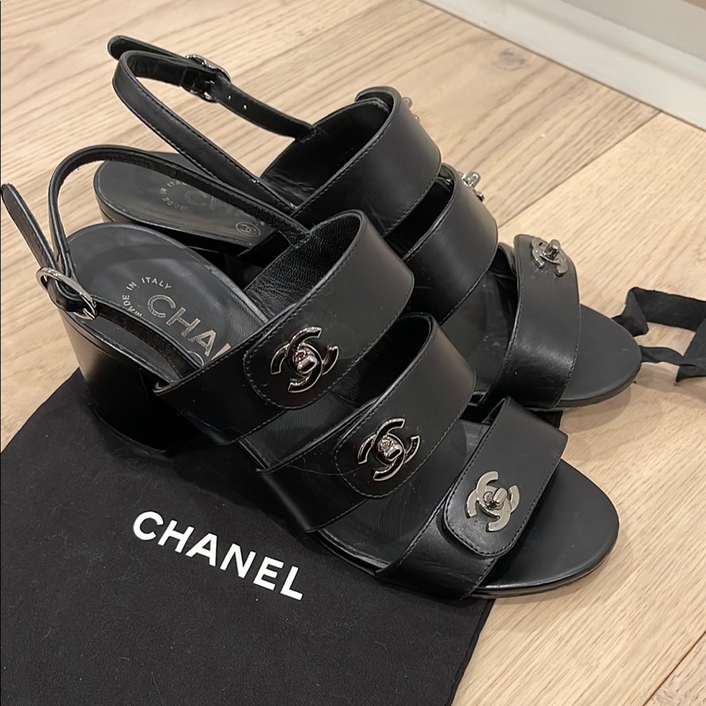 Chanel Turnlock CC Logo Black Women's Sandals Size 36